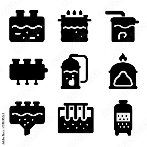 Tank System Icons. Solid style icons of environmental and wastewater tanks: septic system tank, greywater holding tank, stormwater