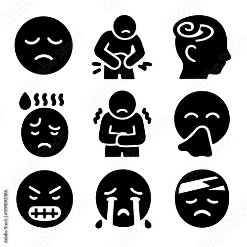 Emotion Icons Collection. Solid style icons of emotions and physical states showing discomfort: tired face with drooping eyes,
