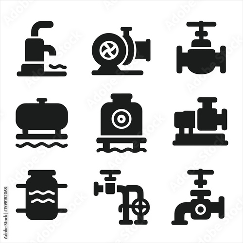 Marine Pump Icons. Solid style icons of marine and shipboard pump systems: bilge pump icon, ballast water pump, seawater intake