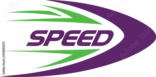 Graphic design of the word "SPEED" with green and purple stylized motion lines conveying velocity.