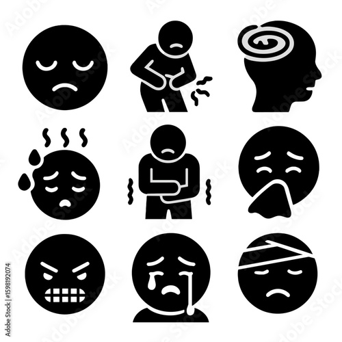 Emotion Icons Collection. Solid style icons of emotions and physical states showing discomfort: tired face with drooping eyes,