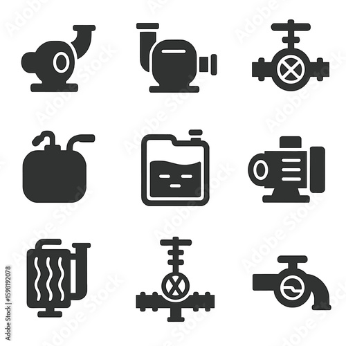 Marine Pump Icons. Solid style icons of marine and shipboard pump systems: bilge pump icon, ballast water pump, seawater intake