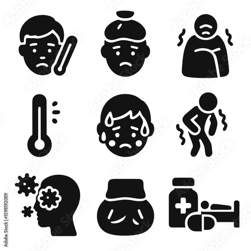 Icons of Feverish Illness. Solid style icons of illness and feverish conditions: face with thermometer, ice bag on head icon,