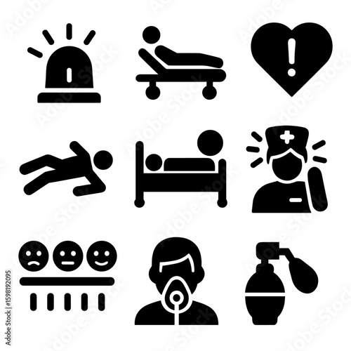 Emergency Icon Set. Solid style icons of hospital and emergency signs of distress: emergency bell icon, ER patient figure, urgent