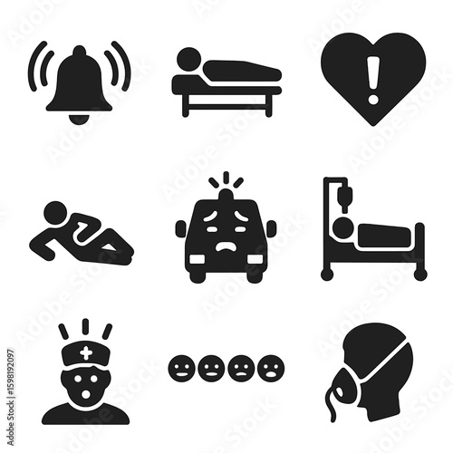 Emergency Icon Set. Solid style icons of hospital and emergency signs of distress: emergency bell icon, ER patient figure, urgent
