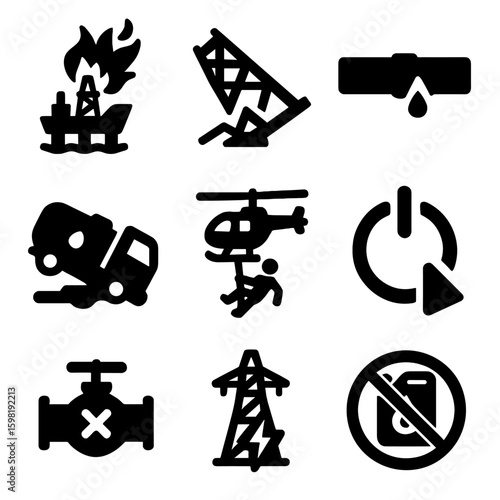 Crisis Icons Collection. Solid style icons of crisis and breakdown situations: rig explosion icon, collapsed drilling tower,