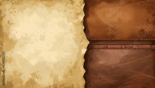 Fantasy background with an old parchment page turning or curling to reveal a leather texture, ideal for a book cover or game menu