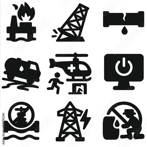 Crisis Icons Collection. Solid style icons of crisis and breakdown situations: rig explosion icon, collapsed drilling tower,