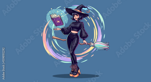 Stylish anime witch holding a spellbook and broom, surrounded by pastel magic swirls.