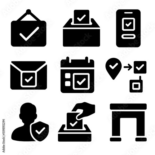 Election Process Icons. Solid style icons of election process: early voting sign, absentee ballot box, mobile voting app, mail-in