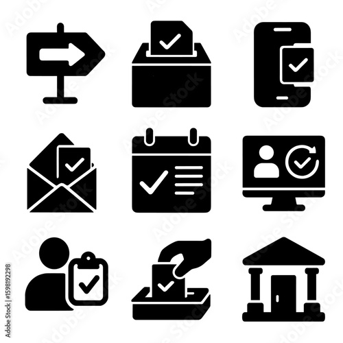 Election Process Icons. Solid style icons of election process: early voting sign, absentee ballot box, mobile voting app, mail-in