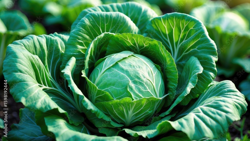 Obraz premium Fresh cabbage growing in a garden with vibrant green leaves. Vegetables and agriculture, concept. Kitchen and cooking. The concept of fresh produce and healthy eating.