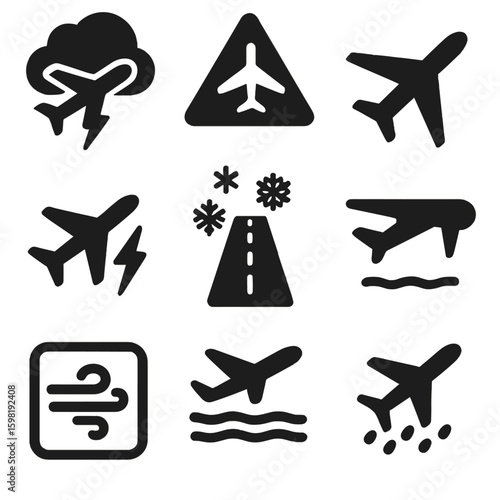 Weather Flight Icons. Solid style icons of weather and flight conditions: plane in storm cloud, turbulence warning icon, clear