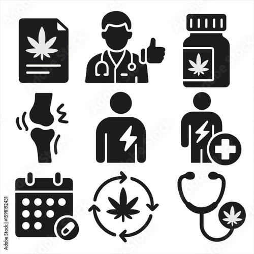 Medical Cannabis Icons. Solid style icons of cannabis medical use: prescription pad with cannabis icon, doctor approving CBD,