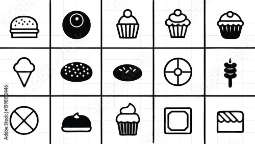 Assorted food icons including burger cupcake ice cream donut and skewer arranged in a grid pattern