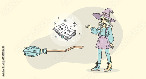 A whimsical witch character levitates a book, ready to cast a spell with a magic wand.