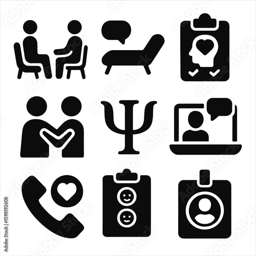 Therapy Icons Collection. Solid style icons of therapy and psychological support: therapist and patient icons, couch and