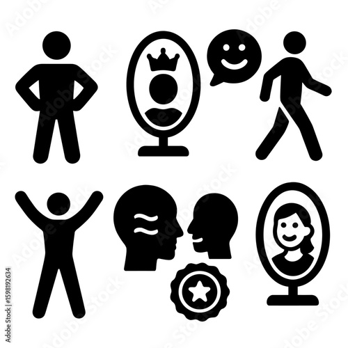 Confidence Icons. Solid style icons of confidence and self-belief: strong posture figure, mirror with crown, positive self-talk