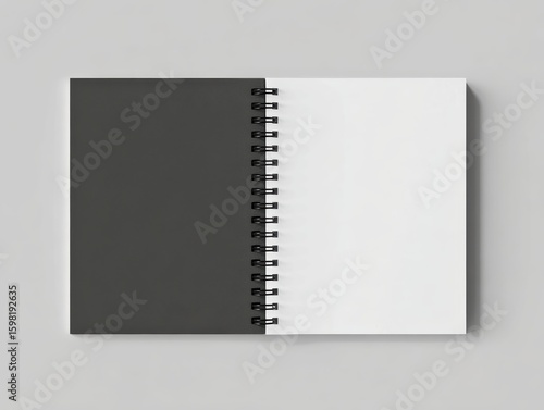 open spiral notebook mockup with black cover on the left and blank white page on the right, top view, centered, on a light gray seamless background