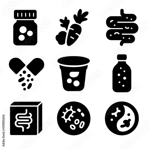 Probiotic and Prebiotic Icons. Solid style icons of probiotic and prebiotic care: probiotic pill bottle, prebiotic fiber food, gut