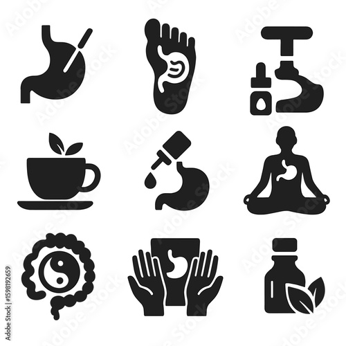 Digestive Therapy Icons. Solid style icons of alternative digestive therapies: acupuncture needle on stomach, reflexology foot