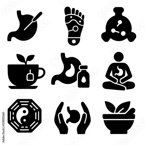 Digestive Therapy Icons. Solid style icons of alternative digestive therapies: acupuncture needle on stomach, reflexology foot