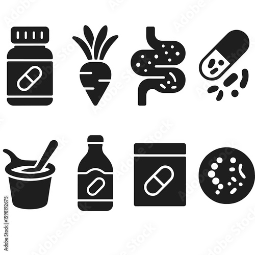 Probiotic and Prebiotic Icons. Solid style icons of probiotic and prebiotic care: probiotic pill bottle, prebiotic fiber food, gut