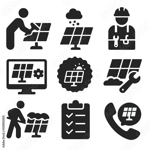 Solar Maintenance Icons. Solid style icons of solar maintenance: cleaning solar panels, dust removal icon, technician with