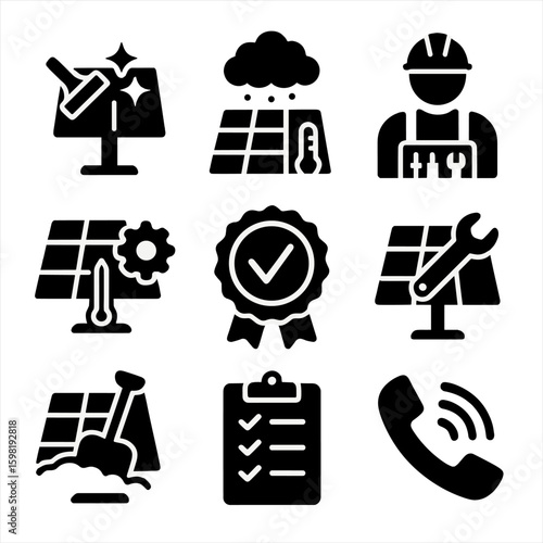 Solar Maintenance Icons. Solid style icons of solar maintenance: cleaning solar panels, dust removal icon, technician with