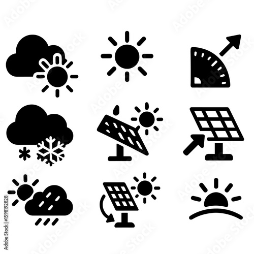 Solar Efficiency Icons. Solid style icons of weather and solar efficiency: cloudy vs sunny icon, sun angle meter, panel tilt