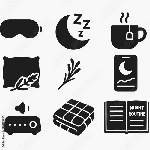 Sleep Essentials Icons. Solid style icons of sleep and recovery: sleeping mask, crescent moon with Zs, comfy pillow icon, lavender