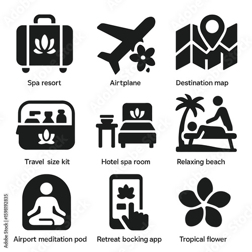 Travel and Wellness Icons. Solid style icons of travel and spa tourism: spa resort suitcase, airplane with flower, destination map