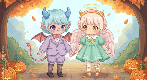 Two adorable chibi characters, a devil and an angel, holding hands and walking through an autumnal park decorated with pumpkins.