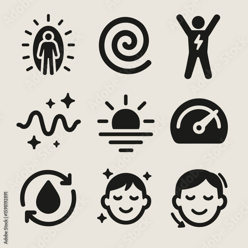 Energy Flow Icons. Solid style icons of energy flow and renewal: aura glow icon, spiral energy icon, recharging pose, vitality