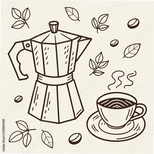 Hand drawn coffee chalk vector illustrations. Minimalist line art. Vector illustration of coffee icons crayon drawing style. Illustration for invitations, menus design, social media. La dolce vita.
