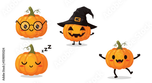 Cute cartoon pumpkins in various Halloween poses, including sleeping, wearing glasses, a hat, and dancing.