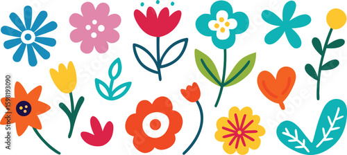 Vector art of a cheerful assortment of colorful, stylized flowers and leaves in a playful pattern on a transparent background.
