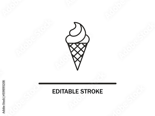 Minimalist ice cream cone outline with editable stroke for summer snack design element.  ice cream line icon.
