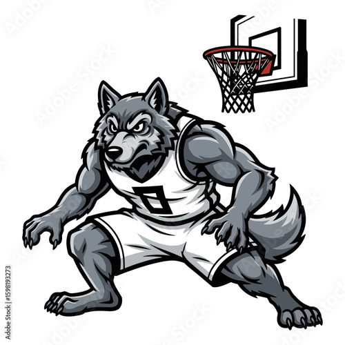 Aggressive cartoon wolf basketball player mascot, fierce animal character with hoop.