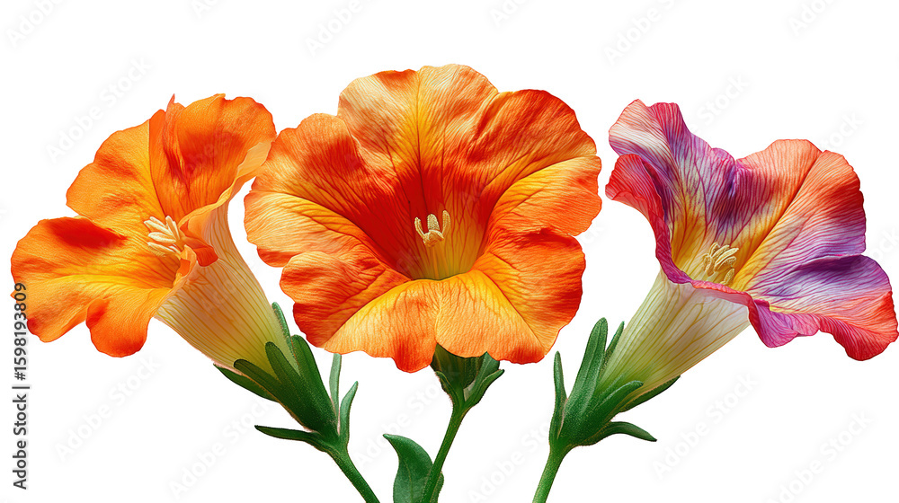 Naklejka premium Morning Glory Petunia and Phlox soft trumpet‑shaped blossoms in delicate studio arrangement, with transparent background