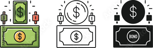Investments and bonds concept with money and stock market trends vector illustration icon set