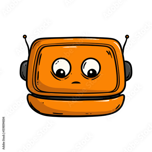 Sad orange cartoon robot with big eyes expressing sadness and melancholy