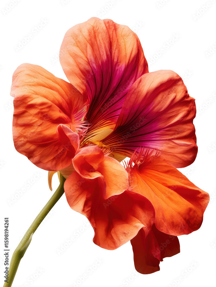 Naklejka premium Nasturtium flower with bold red‑orange petals and central yellow markings photographed in studio, with transparent background