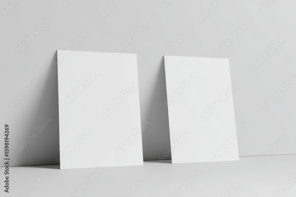 Naklejka premium Two blank A5 flyers placed side by side against a light gray wall, one horizontal and one vertical, both leaning slightly forward, minimal and clean setup