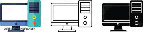 Computer desktop pc vector illustration icons set personal computer workstation technology design it equipment