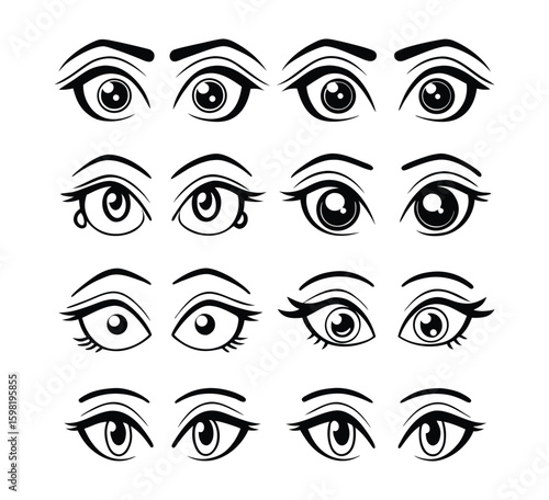Collection of black and white stylized illustrations of various expressive female eyes and eyebrows showing different emotions and styles.