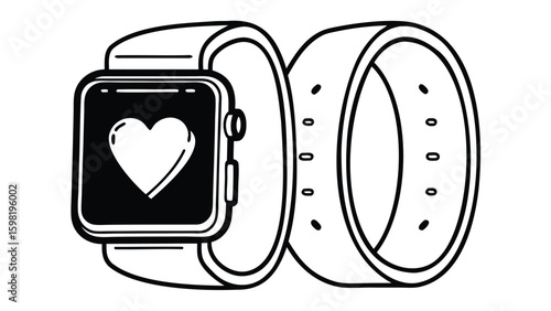 Illustration of a smart watch with a heart icon on the screen and a strap with holes on a white background