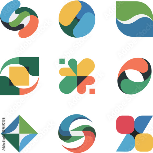 Nine modern abstract geometric logo designs featuring overlapping shapes in vibrant and appealing colors