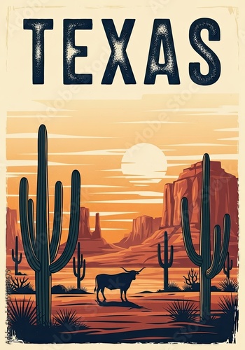 Rustic Texas landscape painting at sunset with armadillo and bull. Western desert scene for travel poster, brochure,  t-shirt design. 