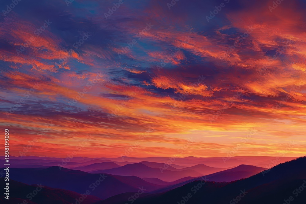 Obraz premium Mountain range silhouette in fiery sunset. Backdrop. Nature imagery, travel use